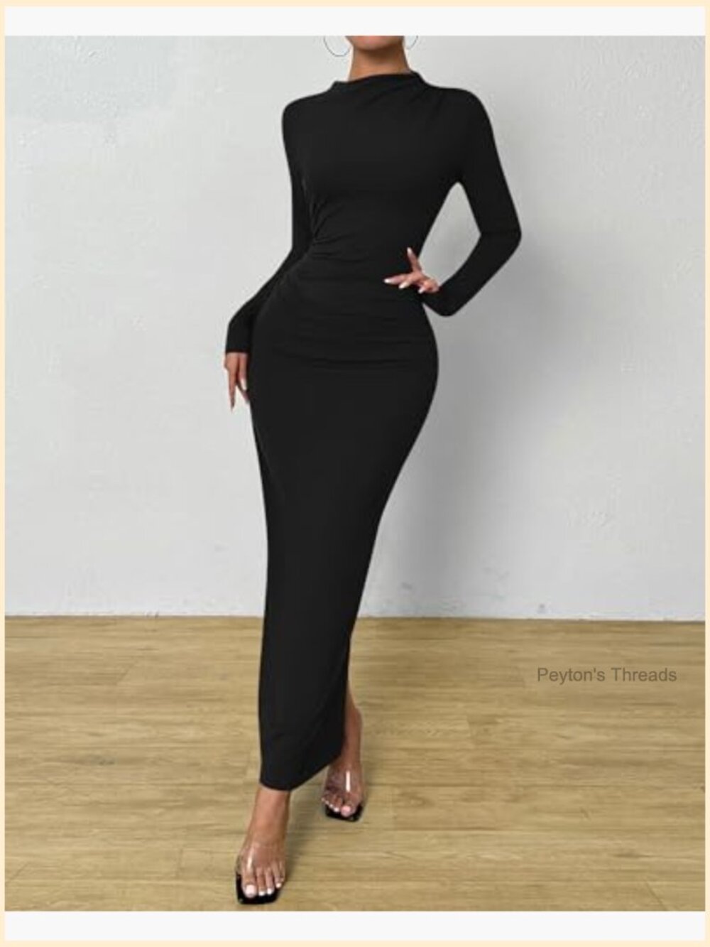 Long Sleeve Maxi Dress Bodycon Back Slit Ruched Formal Wedding Guest - Picture 3 of 7